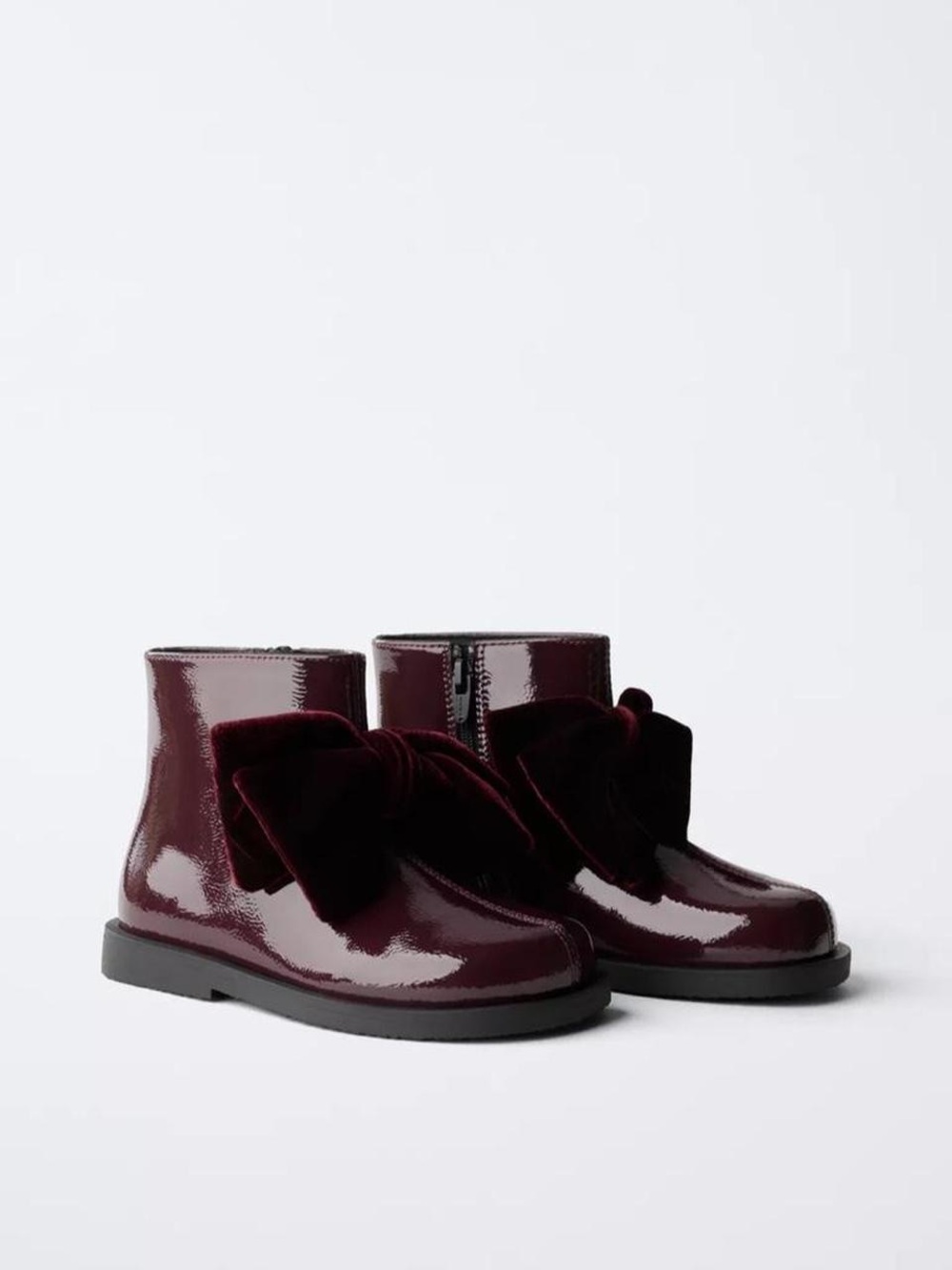 Zara Girls Burgundy Patent Boots with Velvet Bow Accent